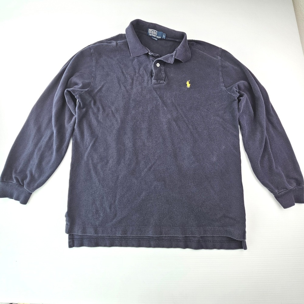 Vintage 90s Polo Ralph Lauren Long Sleeve Shirt Navy Blue Yellow Pony Large Y2K